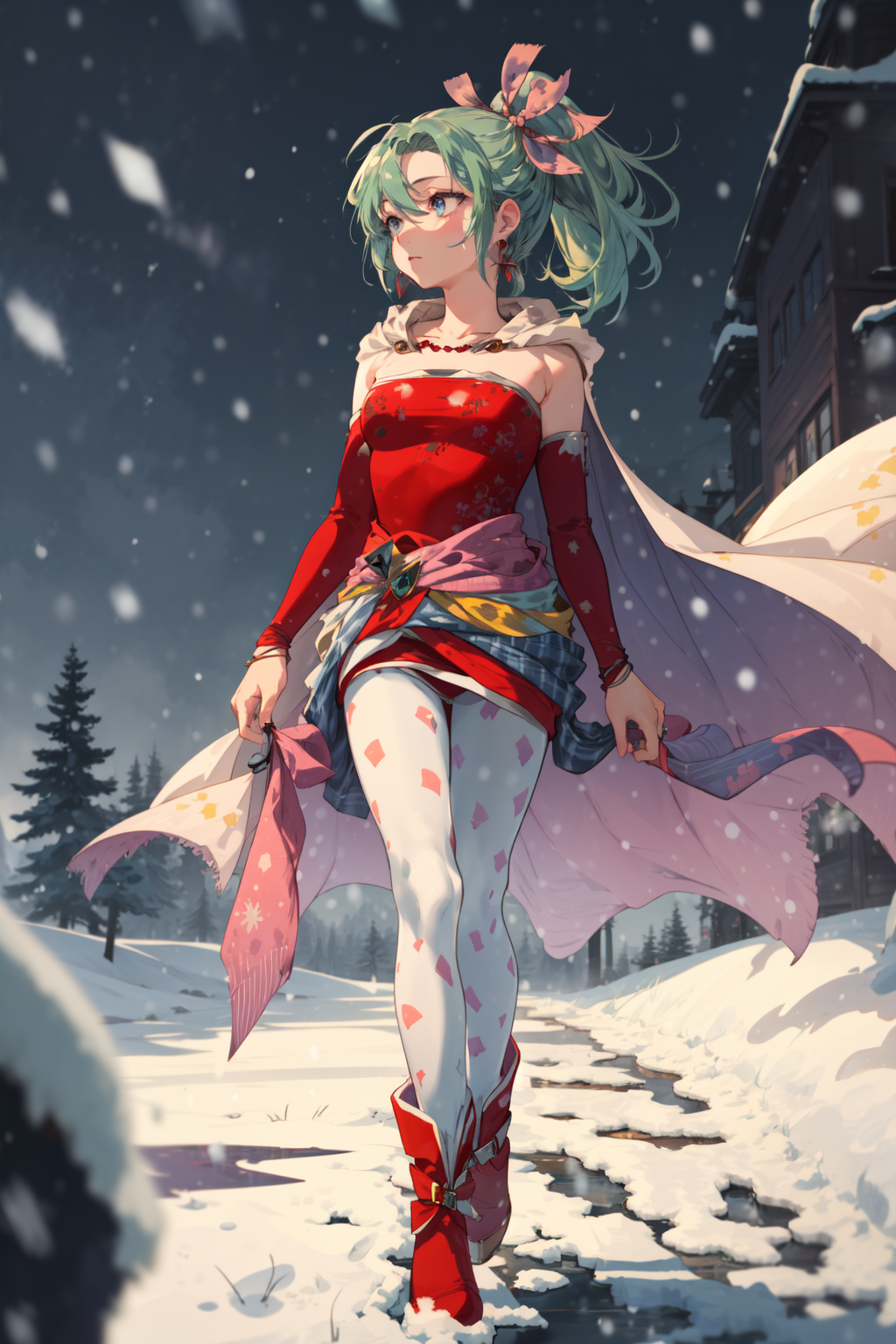 masterpiece,best quality,1girl,tina branford,blue eyes,green hair,cape,earrings,red dress,detached sleeves,hair ribbon,clo...